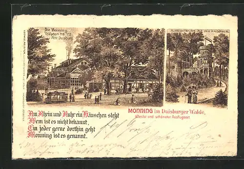 Lithographie Duisburg, Gasthaus Monning im Duisburger Wald, Aussichtsturm auf dem Kaiserberg