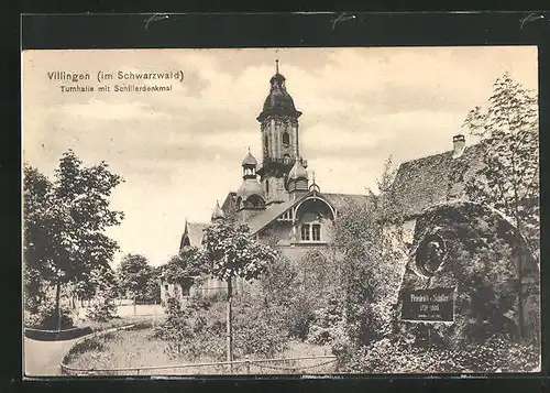 AK Villingen /Schwarzwald, Turnhalle mit Schillerdenkmal