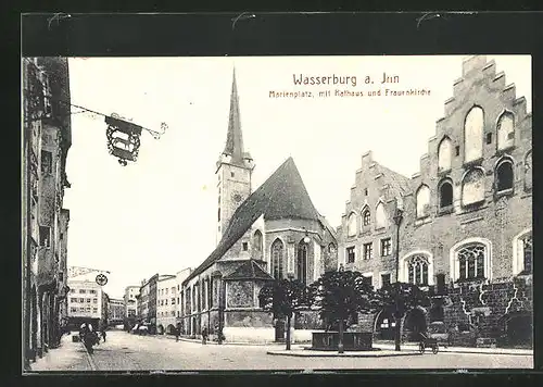 AK Wasserburg a. Inn, Marienplatz mit Rathaus und Frauenkirche