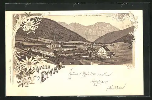 Lithographie Ettal bei Oberammergau, Kloster Ettal