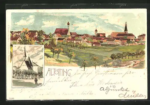 Lithographie Altötting, Teilansicht, Kirche