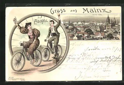 Lithographie Mainz, Totalansicht, Mann und Frau auf Fahrrädern