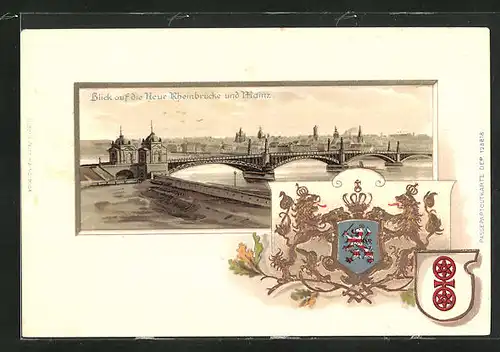 Passepartout-Lithographie Mainz, Blick auf die Neue Rheinbrücke und den Ort, Wappen