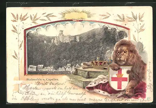 Passepartout-Lithographie Capellen, Teilansicht mit Schloss Stolzenfels, Löwe mit Wappen
