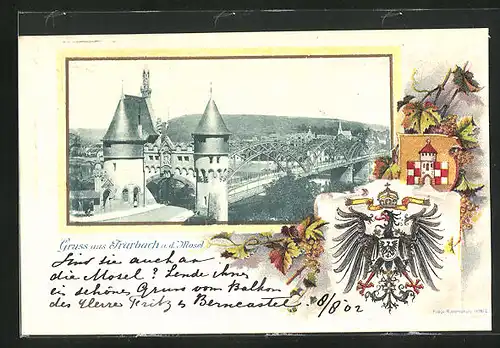 Passepartout-Lithographie Trarbach a. d. Mosel, Teilansicht mit Brücke, Wappen