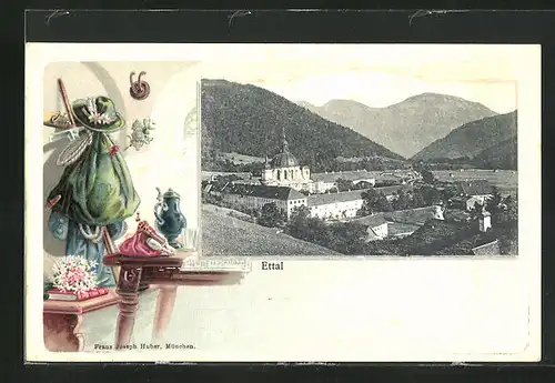 Passepartout-Lithographie Ettal, Blick zum Kloster