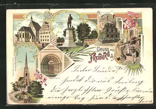 Lithographie Freiberg i. S., Dom, Bismarck-Denkmal, Jacobi-Kirche