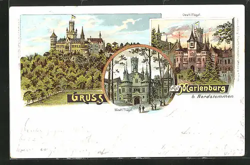 Lithographie Nordstemmen, Die Marienburg, Westl. Fügel, Oestl. Flügel
