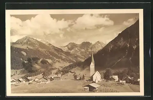 AK Mittelberg, Ortsansicht mit Hammerspitze und Schafalpköpfen