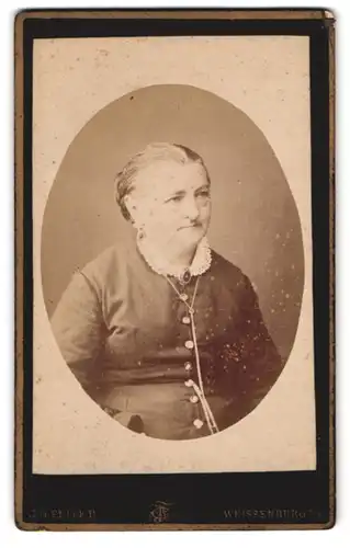 Fotografie J.G. Feller, Weissenburg a. S., Portrait betagte Damemit Halskette, Brosche & Ohringen