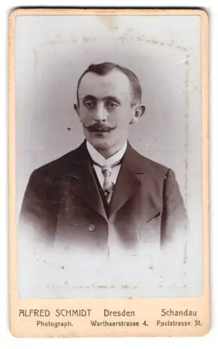 Fotografie Alfred Schmidt, Dresden, Warthaerstr. 4, Portrait Herr mit Schnauzbart trägt Anzug und Krawatte