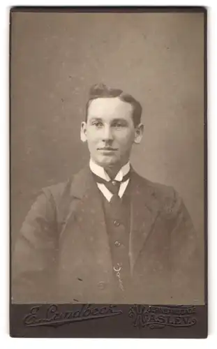 Fotografie E. Lundbeck, Haslev, junger Mann im Anzug mit Krawatte