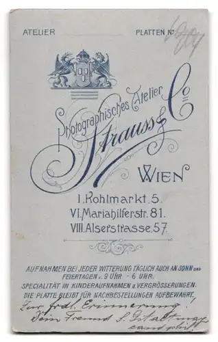 Fotografie Strauss & Co., Wien, Kohlmarkt 5, Portrait bürgerlicher Herr mit Zwicker und Oberlippenbart