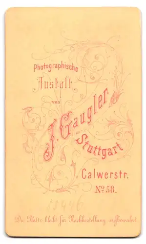 Fotografie J. Gaugler, Stuttgart, Calwerstr. 58, Portrait stattlicher Herr mit Schnauzbart