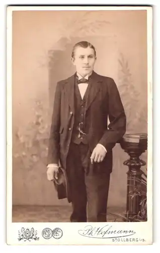 Fotografie Ph. Hofmann, Stollberg i. S., junger Herr mit Hut im Anzug vor Studiokulisse