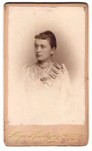 Fotografie Hugo Haerttwig, Haynau / Schlesien, Portrait junge Dame trägt Kleid mit Rüschen & Ansteckblumen