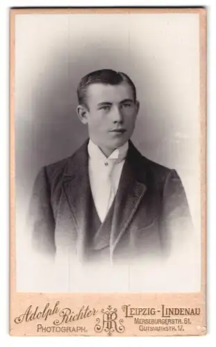 Fotografie Adolph Richter, Leipzig-Lindenau, Merseburgerstr. 61, Portrait Bursche im Anzug mit Krawatte