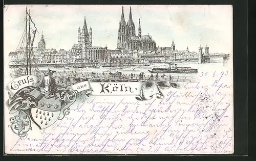 Vorläufer-Lithographie Köln, 1893, Dampfer auf dem Rhein, Blick zum Dom