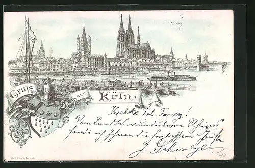 Vorläufer-Lithographie Köln, 1894, Rhein-Dampfer passiert den Dom