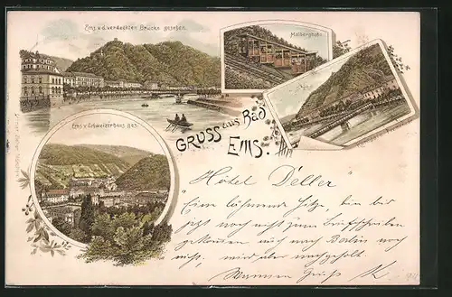 Vorläufer-Lithographie Bad Ems, 1894, Kursaal und Promenade, Malbergbahn, Ortsansicht