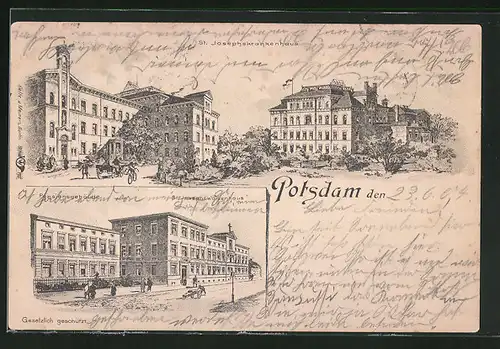 Lithographie Potsdam, Pensionsgebäude und St. Josephs-Waisenhaus, St. Josephskrankenhaus