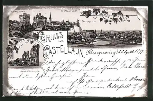 Lithographie Castellaun, Schloss Balduinseck, Panoramablick auf den Ort