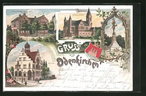 Lithographie Odenkirchen, Lehrer-Seminar, Postamt, Kathol. Kirche