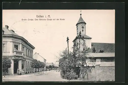 AK Velten i. M., Breite Strasse Ecke Viktoria-Strasse mit Kirche