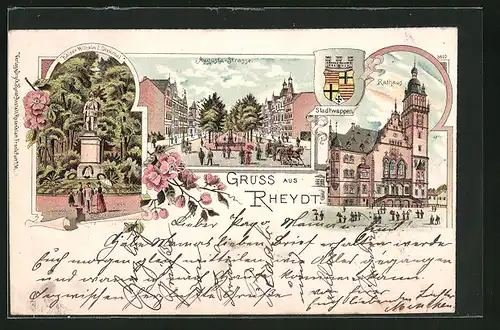 Lithographie Rheydt, Augusta-Strasse, Rathaus, Kaiser Wilhelm I. Denkmal