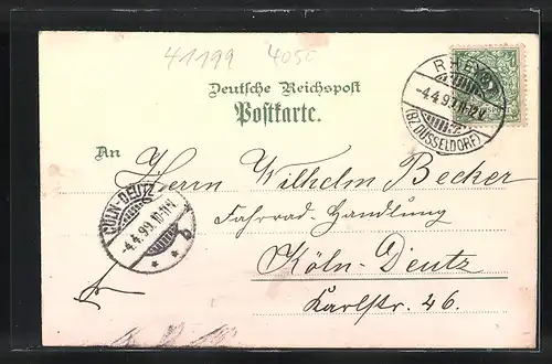 Lithographie Rheydt, Augusta-Strasse, Rathaus, Kaiser Wilhelm I. Denkmal