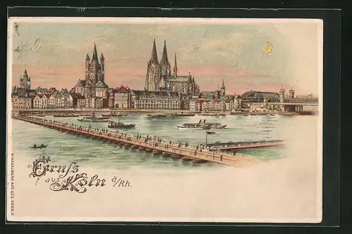 Lithographie Köln, Blick über den Rhein zum Dom, Halt gegen das Licht: beleuchtete Fenster