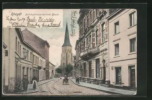 AK Rheydt, Bahnhofstrasse mit Kath. Kirche, Kutsche