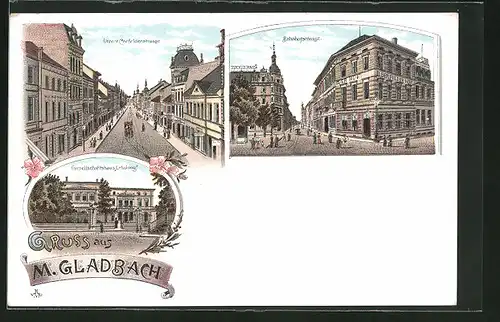 Lithographie Mönchengladbach, Gasthaus und Gesellschaftshaus Erholung, Bahnhofstrasse mit Hotel Elberfelder Hof
