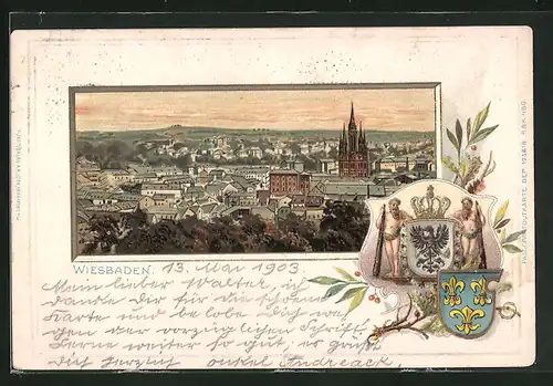 Passepartout-Lithographie Wiesbaden, Totalansicht, Wappen