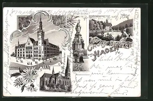 Lithographie Hagen i. W., Gasthaus Waldlust, Rathaus, Neue kath. Kirche