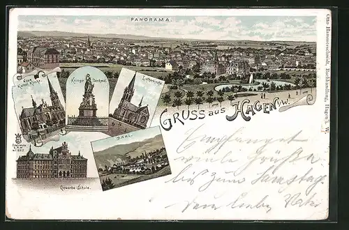 Lithographie Hagen i. W., Lutherkirche, Gewerbe-Schule, Totalansicht