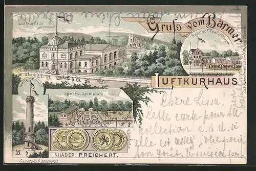 Lithographie Barmen, Luftkurhaus, Bahnhof Toellethurm