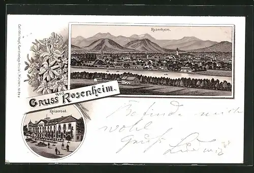 Lithographie Rosenheim, Kaiserbad, Totalansicht