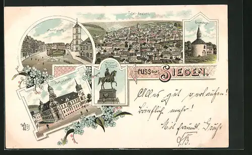 Lithographie Siegen, Marktplatz, Eremitage, Postgebäude