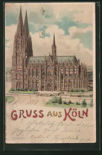 Lithographie Köln, Dom aus der Vogelschau, Halt gegen das Licht: Lichter fangen an zu leuchten