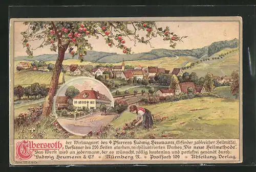 Künstler-AK Elbersroth, Totalansicht, Apfelbaum auf einer Wiese