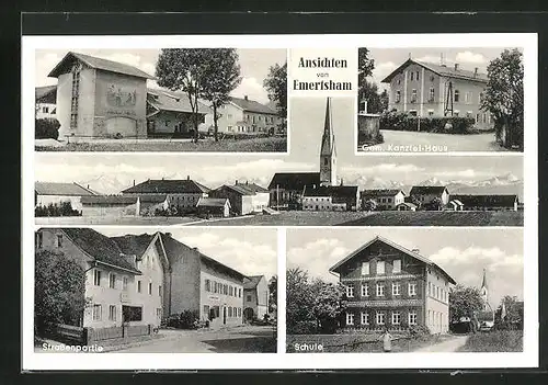 AK Emertsham, Strassenpartie, Schule, Totalansicht mit Kirche