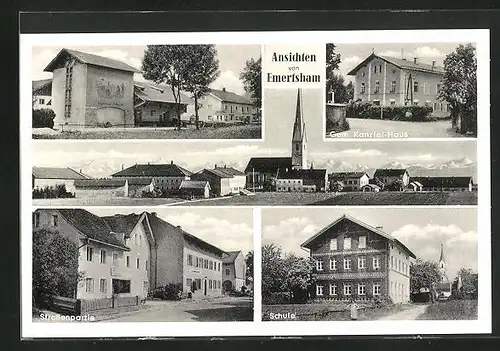 AK Emertsham, Strassenpartie, Schule, Totalansicht mit Kirche