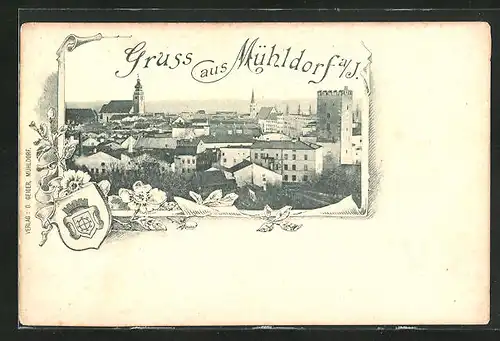 AK Mühldorf a. J., Gesamtansicht mit Kirchturm und Wappen