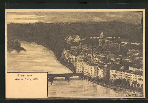 Künstler-AK Wasserburg a /Inn, Teilansicht mit Brücke