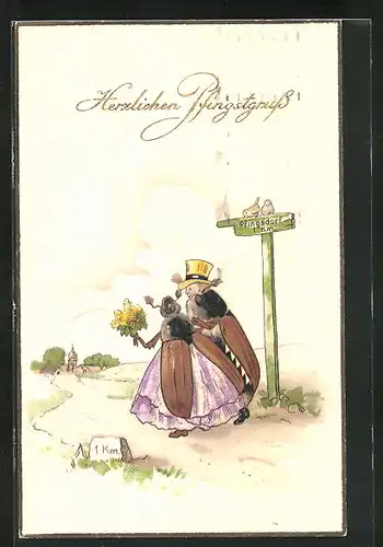 Künstler-AK Maikäfer-Paar auf dem Weg nach Pfingstdorf