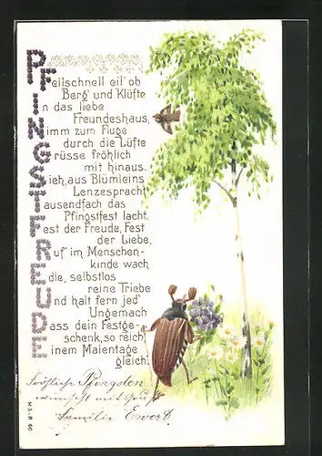 Präge-Lithographie Maikäfer mit Blumenstrauss an Birke