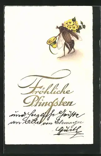 Künstler-AK Maikäfer mit Blumenstrauss und Hut