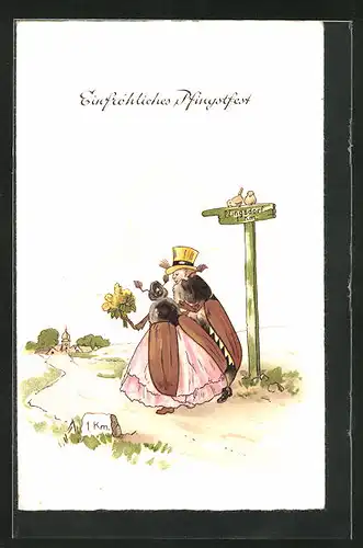 Künstler-AK Maikäfer-Pärchen auf dem Weg nach Pfingstdorf