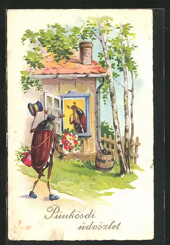 AK Maikäfer mit Blumenstrauss vor dem Fenster von Maikäferfrau